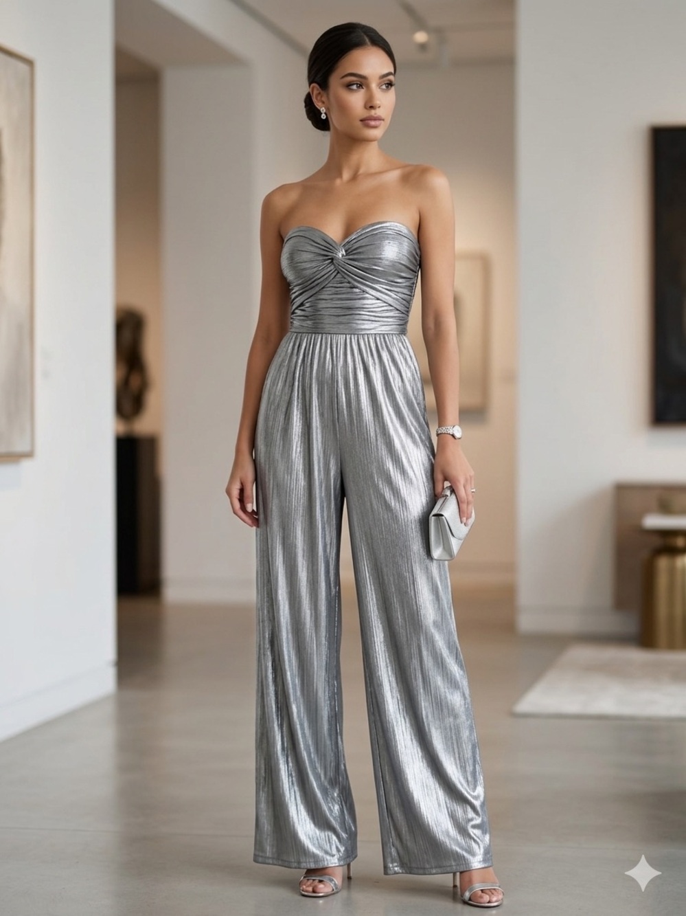 Metallic Silver Strapless Wide-Leg Jumpsuit